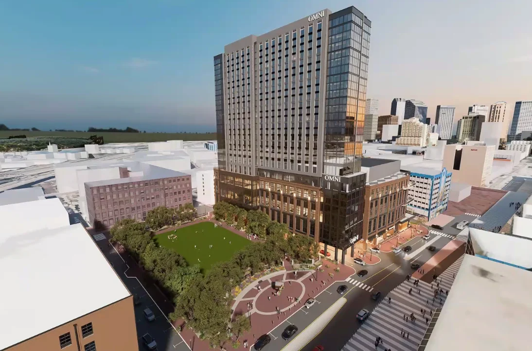 A rending of the re-designed Omni Hotel on convention Center Boulevard, which will have just over 1,000 rooms and serve as a new "headquarters hotel" for the Ernest N. Morial convention center. It is scheduled to be completed in 2030.
