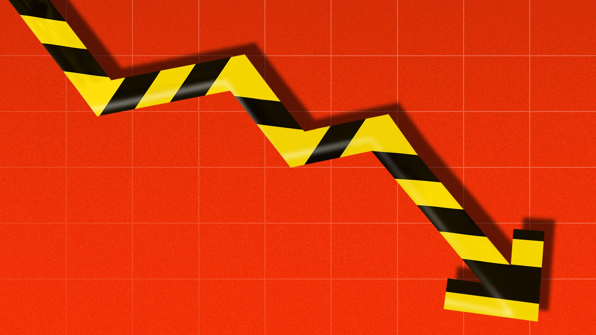 A yellow‑and‑black striped arrow zigzags downward against a red grid background, resembling a declining trend line.